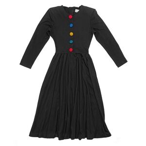 Vintage 80s Expo Black Retro Multicolor Button Long Sleeve Zip Up Midi Dress